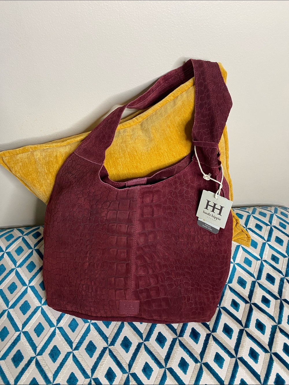 NWT! Haute Hippie Suede Burgundy Crocodile Slouchy Hobo w/ Detachable Small Bag